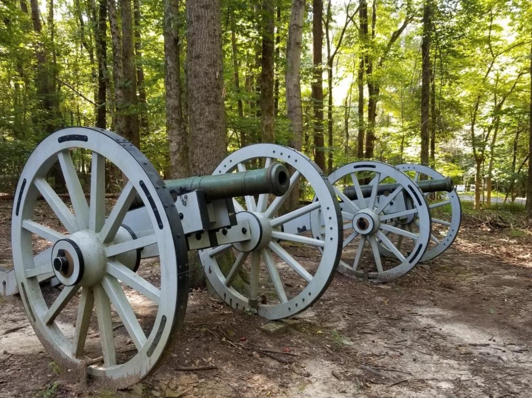 Two cannons on grey carriages (wheels) sit in a forest