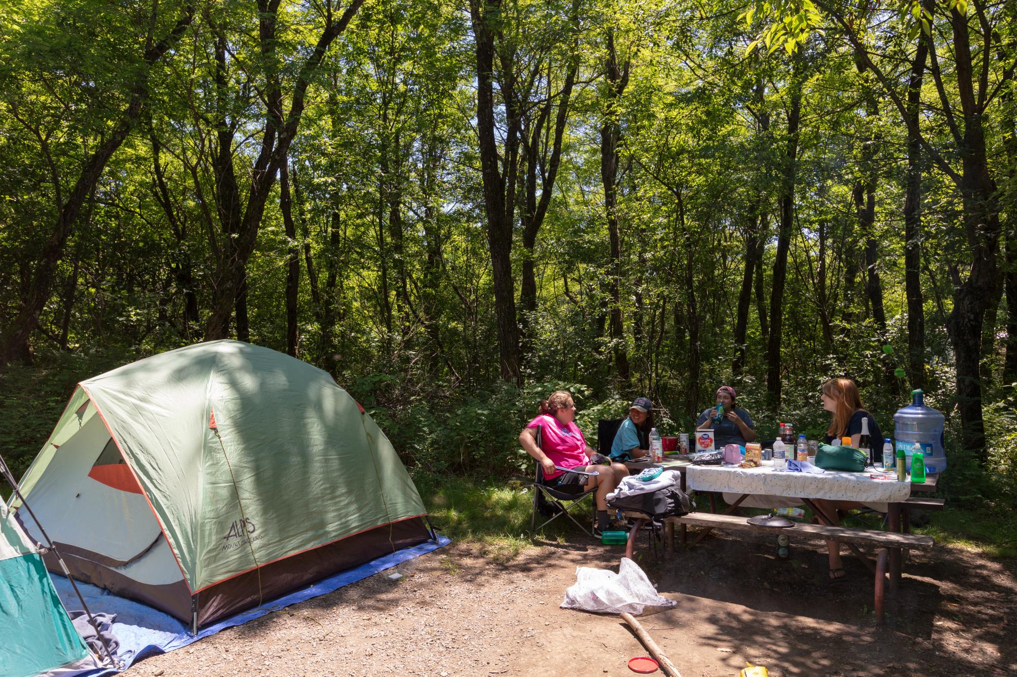 A group of people sit at a picnic table next to a tent under a canopy of green trees in a campground