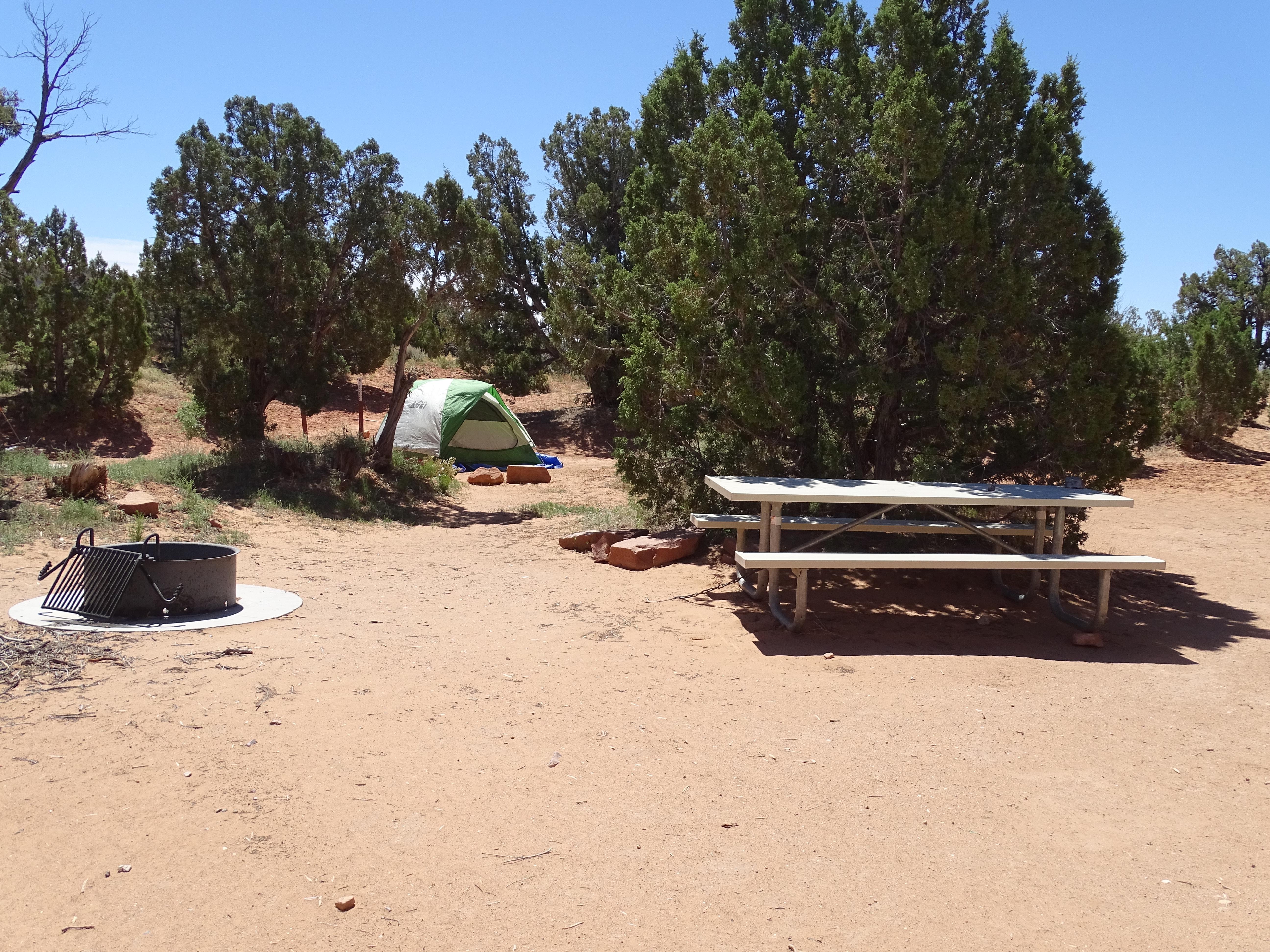 a tent is set up on a red dirt campsite with a fire pit and picnic table