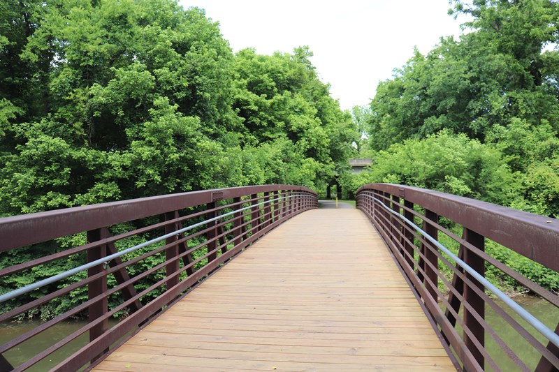 Yadkin River Greenway in Wilkesboro, NC A walking bridge with trees in the background.