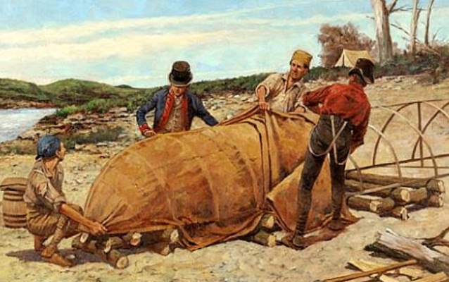 Illustration of the Captain Lewis with other member of the corps assembling the iron boat Illustration of the Captain Lewis with other member of the corps assembling the iron boat
