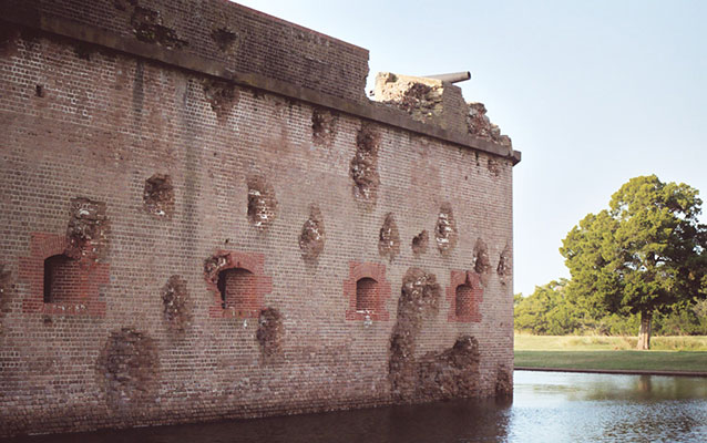 Outside wall of Fort Pulaski showing battle damage. Outside wall of Fort Pulaski showing battle damage.