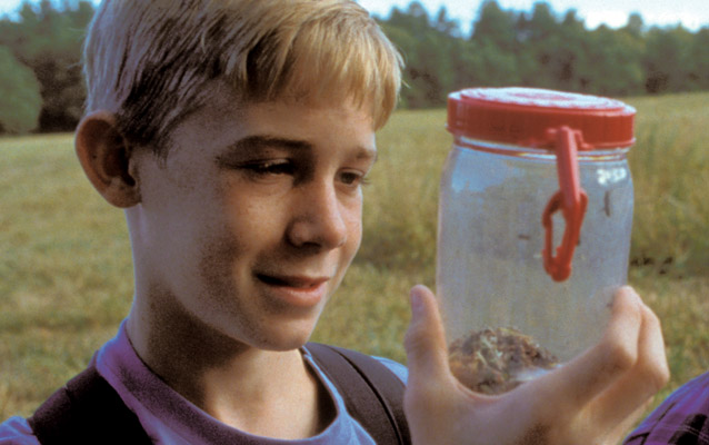 A young boy holds a insect trap jar to examine its contents