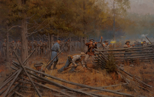 Painting of Colonel Maney’s soldiers lurking just inside the tree line during the Battle of Stones River. Painting of Colonel Maney’s soldiers lurking just inside the tree line during the Battle of Stones River.