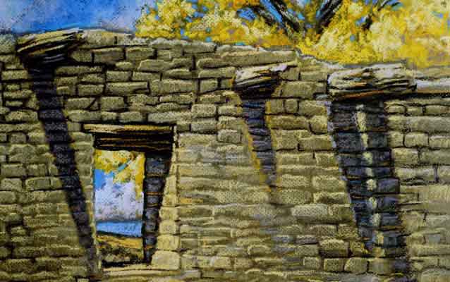 Drawing of stone ruins with protruding ceiling beams and two aligned doorways, with fall foliage in the background.