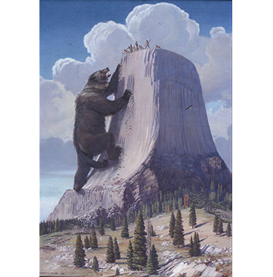 A painting which depicts an oral history from the Cheyenne culture, showing a giant bear climbing Devils Tower. A painting which depicts an oral history from the Cheyenne culture, showing a giant bear climbing Devils Tower.