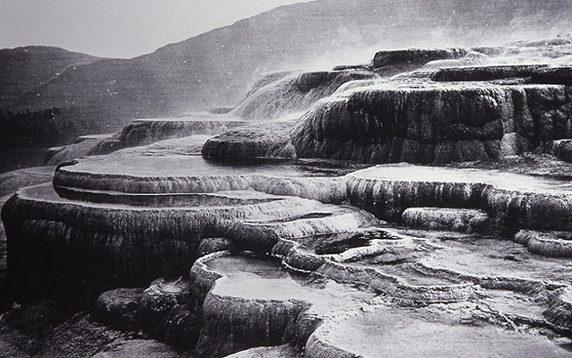 Historic black and white photograph of the Mammoth Terraces Historic black and white photograph of the Mammoth Terraces