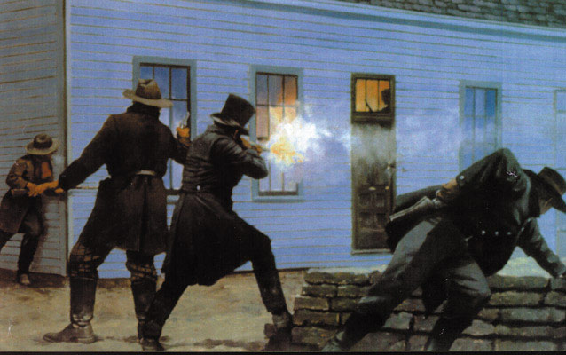 Artwork of free state men (raiders) firing at John Little inside the Little store.