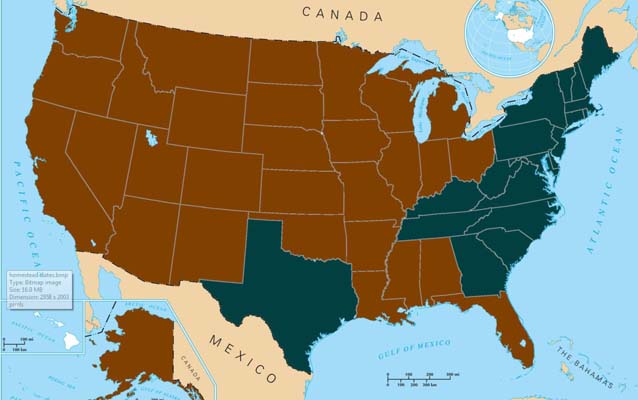 A map of the United States with the 30 homesteading states indicated in brown. A map of the United States with the 30 homesteading states indicated in brown.