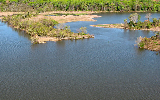 Aerial view of the Haul Road Trail into the marsh