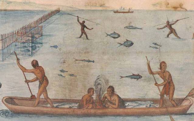 Watercolor of Indians Fishing, 1585–1593.