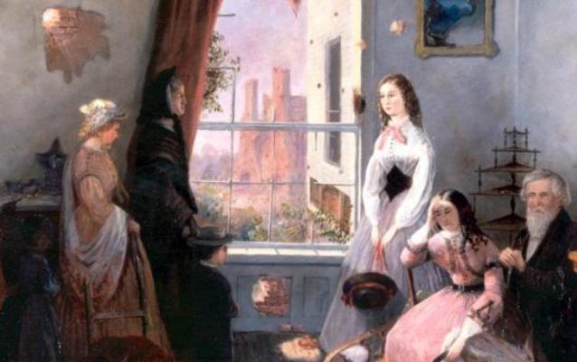 Civilians of Fredericksburg gathered around a window looking at destroyed town Civilians of Fredericksburg gathered around a window looking at destroyed town