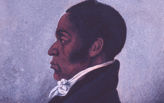 Detail, pastel portrait of James Forten, an African-American man shown in left profile wearing a dark colored coat. Detail, pastel portrait of James Forten, an African-American man shown in left profile wearing a dark colored coat.