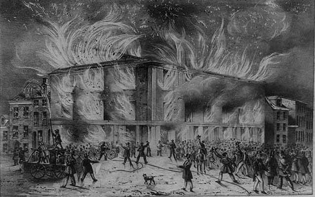 Lithograph of the destruction by fire of Pennsylvania Hall, the new building of the Abolition Society, on the night of the 17th May, 1838.