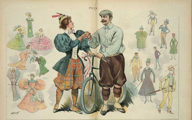 Chromolithograph: Print shows a man and a woman wearing knickers and bloomers, standing with a bicycle between them, shaking hands. Chromolithograph: Print shows a man and a woman wearing knickers and bloomers, standing with a bicycle between them, shaking hands.