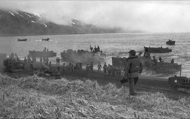 Seventh Infantry Division troops landing at Massacre Bay, Attu, May 1943.