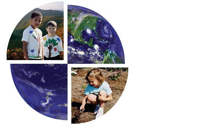 A graphic of Earth, with two pictures of small children in nature over top of the globe.