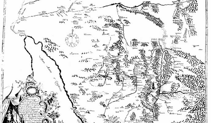 black and white historic map with hand drawn mountains
