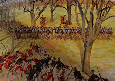 The climax of the Battle of Cowpens with the British clustered in the bottom left corner, facing the Continentals, who are lined up. The climax of the Battle of Cowpens with the British clustered in the bottom left corner, facing the Continentals, who are lined up.