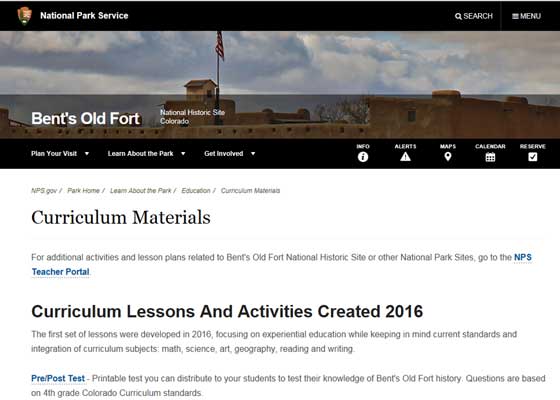 Image of the curriculum web page for Bent's Old Fort National Historic Trail