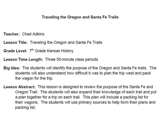 Image of the first page of the lesson plan Traveling the Oregon and Santa Fe Trails