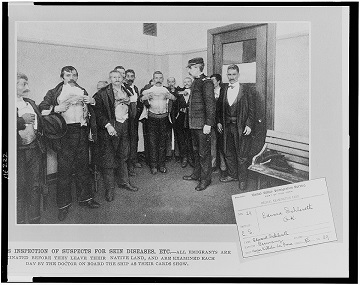Immigrants showing their chests during a skin examination at Ellis Island. Immigrants showing their chests during a skin examination at Ellis Island.