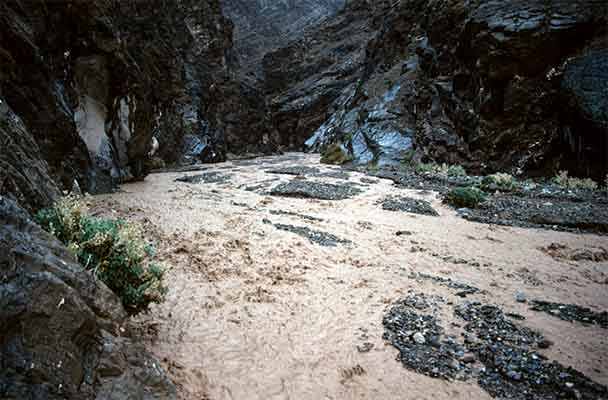 Muddy floodwaters flow through dark, rain soaked canyon walls. Muddy floodwaters flow through dark, rain soaked canyon walls.