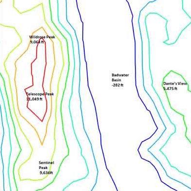 A topographic map depicting Telescope Peak, Badwater Basin, and Dante's View