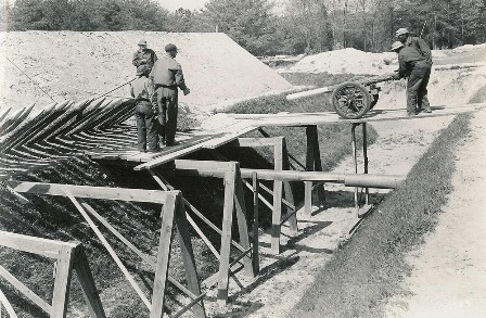 A Civilian Conservation Corps crew installs fraises as part of the reconstruction of fortifications on the Yorktown Battlefield. A Civilian Conservation Corps crew installs fraises as part of the reconstruction of fortifications on the Yorktown Battlefield.