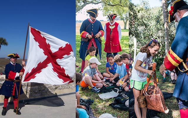 Collage of images featuring living historians in 1700 era clothing and park visitors Collage of images featuring living historians in 1700 era clothing and park visitors