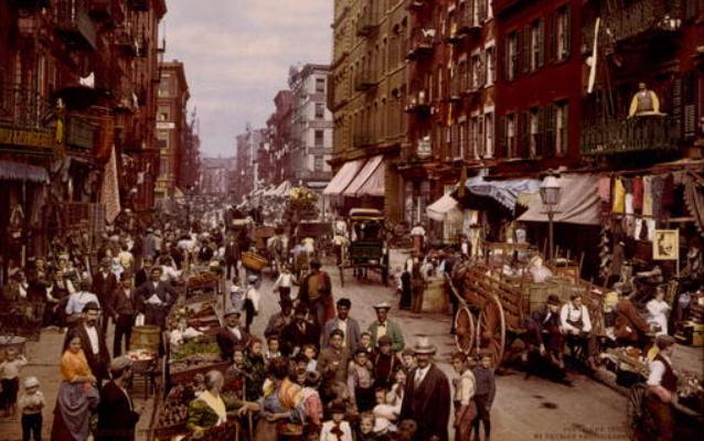 Painting of an immigrant neighborhood located in the lower east-side of Manhattan of New York City from the early 19th century.