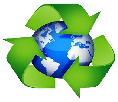 Recycle symbol around a picture of the globe