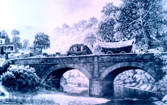 Painting of a stagecoach and a Conestoga wagon on a National Road bridge
