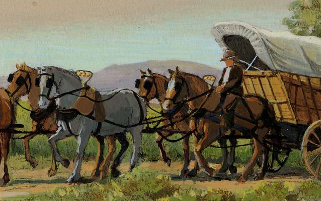 Painting of a Conestoga wagon with the wagon driver riding one of the horses Painting of a Conestoga wagon with the wagon driver riding one of the horses