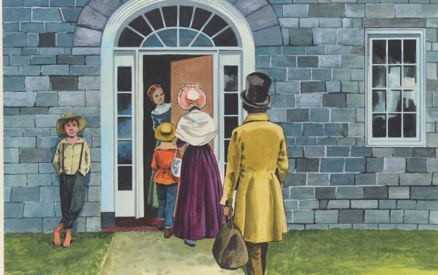 Painting of a family entering a tavern Painting of a family entering a tavern