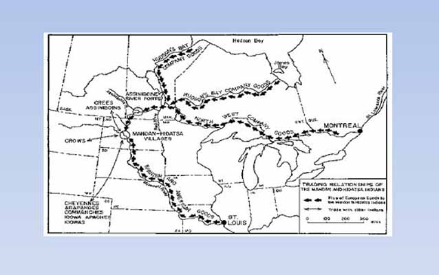 A map showing trading relations of the Mandan and Hidatsa Indians during the decades immediately around A.D. 1800.