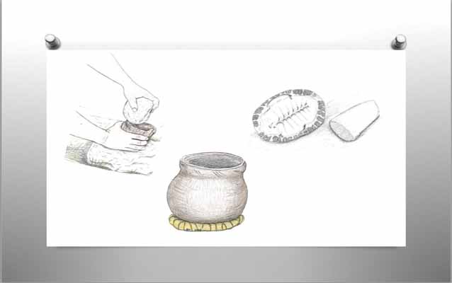 Pencil sketch of flint knapping, pottery, bone paint brush Pencil sketch of flint knapping, pottery, bone paint brush