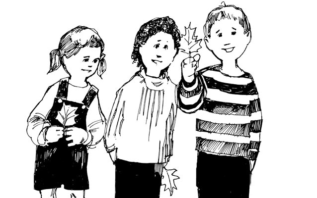 Two girls and a boy compare leaves. Sketch by Tom Foster.