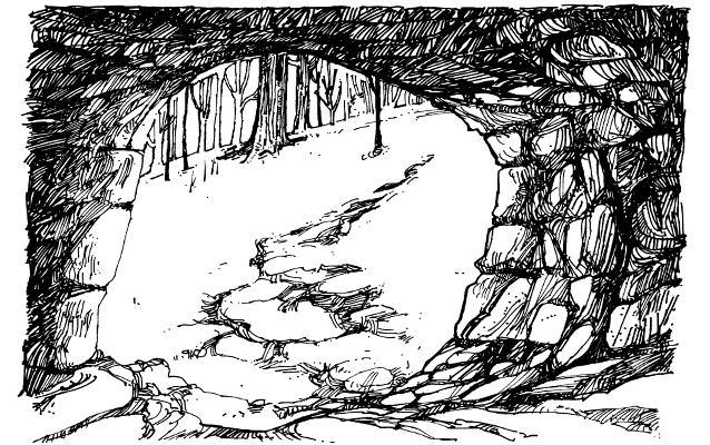 Black and white sketch of a cave scene, looking outward