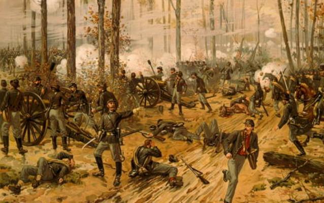 Illustration of Savage fighting in the Hornet's Nest - April 6, 1862 Illustration of Savage fighting in the Hornet's Nest - April 6, 1862