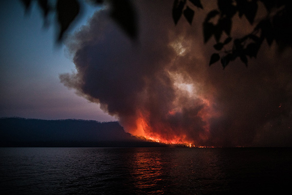 A fire and a lot of smoke in a forest next to a lake. 