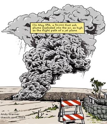 A comic artist rendition of a gray ash plume rising out of a crater, with a caution barricade in the foreground.