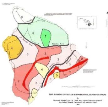 A map showing the Island of Hawai'i with colors indicating lava flow zones. A map showing the Island of Hawai'i with colors indicating lava flow zones.