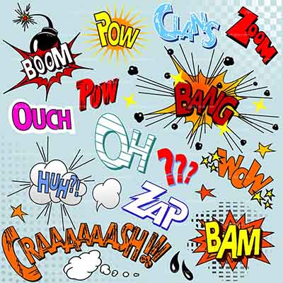 A collage of comic strip expresssions, such as Boom!, and Bam! drawn with lines radiating from them, indicating excitement A collage of comic strip expresssions, such as Boom!, and Bam! drawn with lines radiating from them, indicating excitement