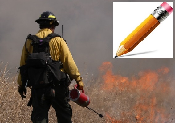 A pencil overlaps an image of a firefighter looking at a prairie grass fire. A pencil overlaps an image of a firefighter looking at a prairie grass fire.