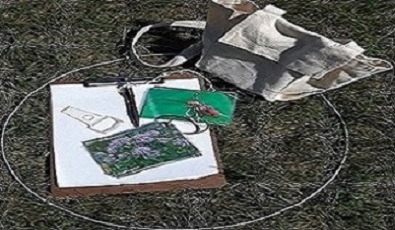 5 items lie on grass: metal hoop, clipboard with pencil, magnifying glass, plant and bug identifiers, and a knapsack. 5 items lie on grass: metal hoop, clipboard with pencil, magnifying glass, plant and bug identifiers, and a knapsack.