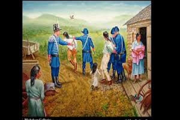 "Forced Move" by Max Standley. Oil painting of U.S Solidiers forcing Cherokee Indians away from their homes.