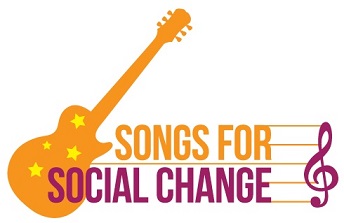 Graphic image of guitar and the words Songs for Social Change Graphic image of guitar and the words Songs for Social Change