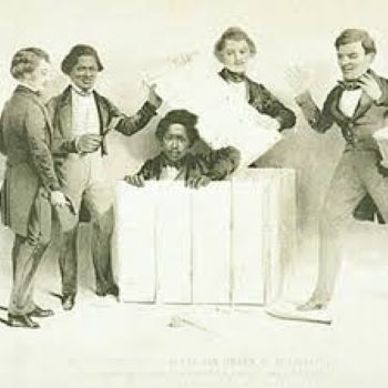 A man (Henry Brown) emerging from a box as four other men lift the lid 