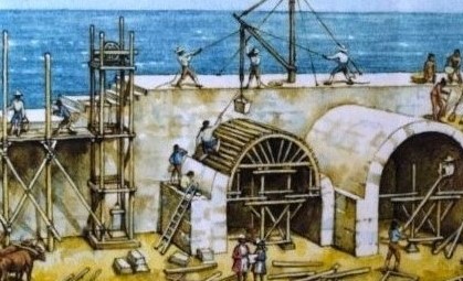 Illustration of the Castillo along the east side wall with arched casemates under construction and water in background. 